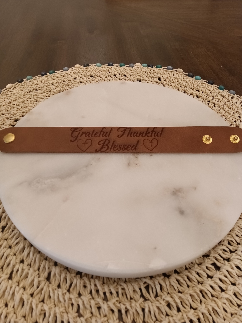 Engraved Leather 'Grateful Thankful Blessed' Decorative - Brown Snap Wrist Wrap